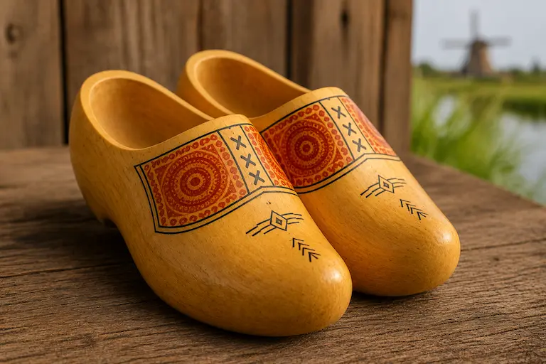 A pair of traditional Dutch wooden clogs representing the name De Klomp
